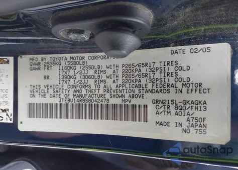 2005 Toyota 4Runner Sr5 Sport V6 from USA, damaged, VIN JTEBU14R858042478